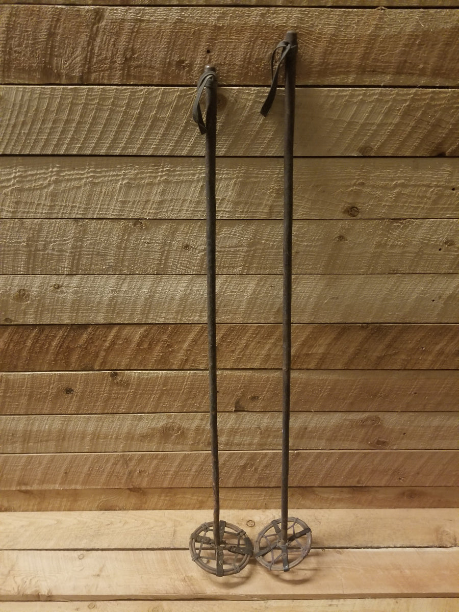 Vintage Downhill Ski Poles - Wooden, Leather