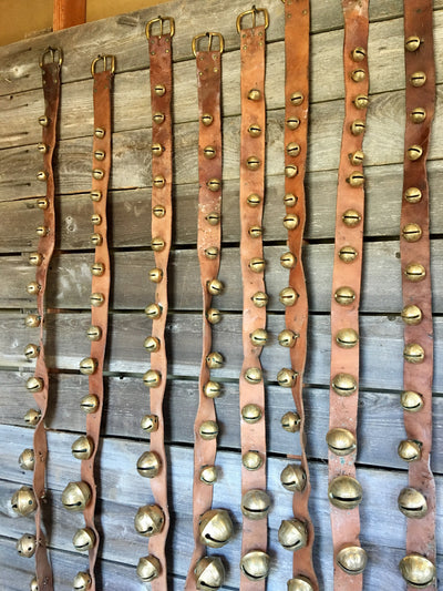 Sleigh Bells - 9 sets of brass bell strands on vintage brown leather in varying sizes