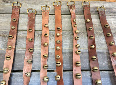 Sleigh Bells - 9 sets of brass bell strands on vintage brown leather in varying sizes