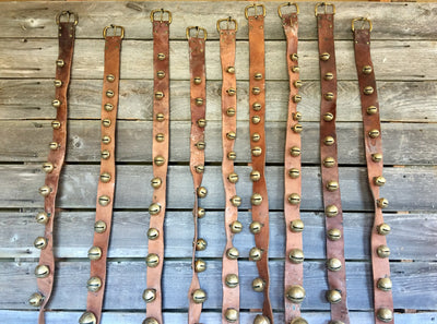 Sleigh Bells - 9 sets of brass bell strands on vintage brown leather in varying sizes