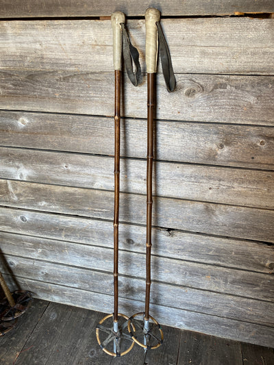 Vintage Bamboo and Full Leather Faded Red Grips Ski Poles