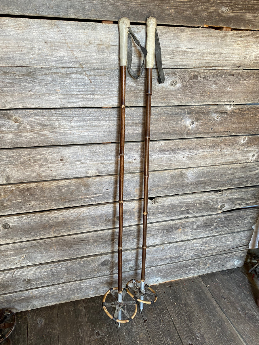 Vintage Bamboo and Full Leather Faded Red Grips Ski Poles