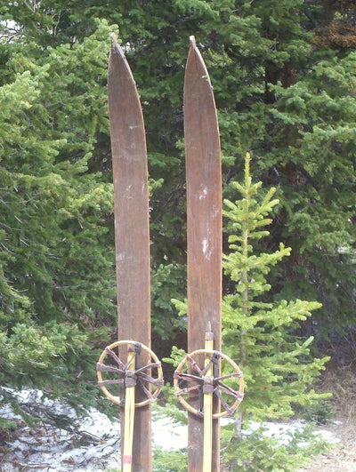 Vintage Wooden Skis with Bamboo Poles
