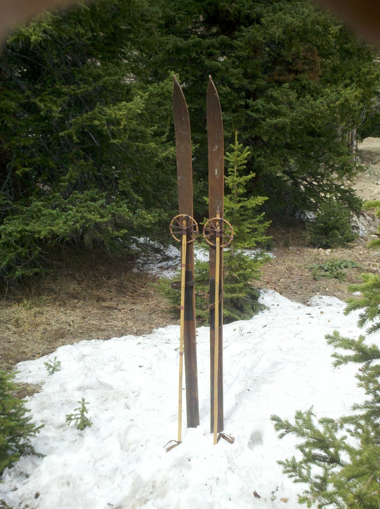 Vintage Wooden Skis with Bamboo Poles