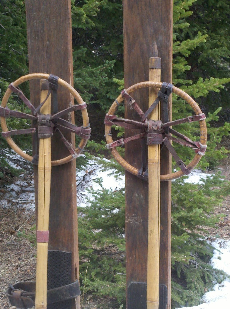 Vintage Wooden Skis with Bamboo Poles